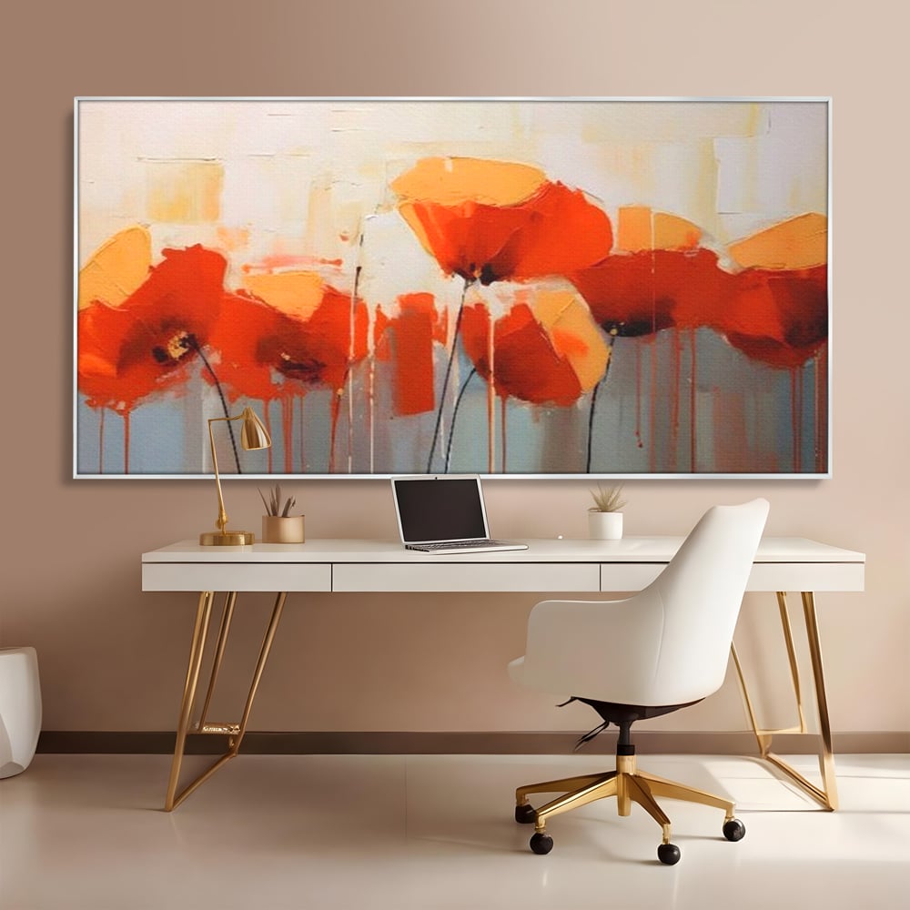 Tablou canvas cu tablou canvas cu maci in ulei, in rama de aluminiu argintiu, pe perete intr-un birou